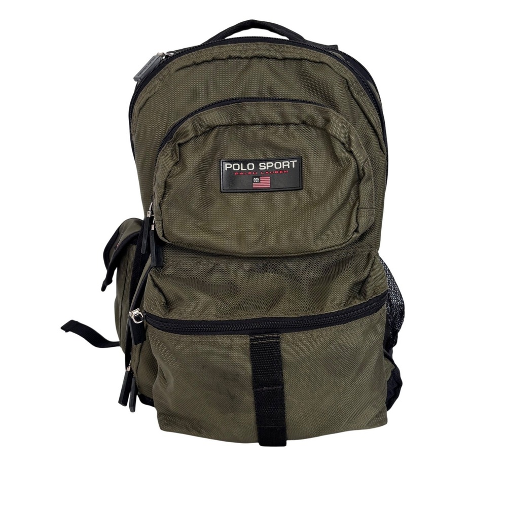 Vintage Polo Sport Ralph Lauren Olive Green Backpack USA Flag Logo 90s Nylon